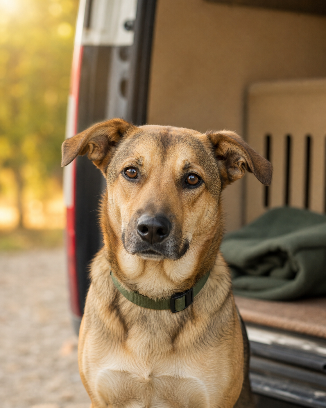 A rescued dog waiting safely beside a rescue transport van